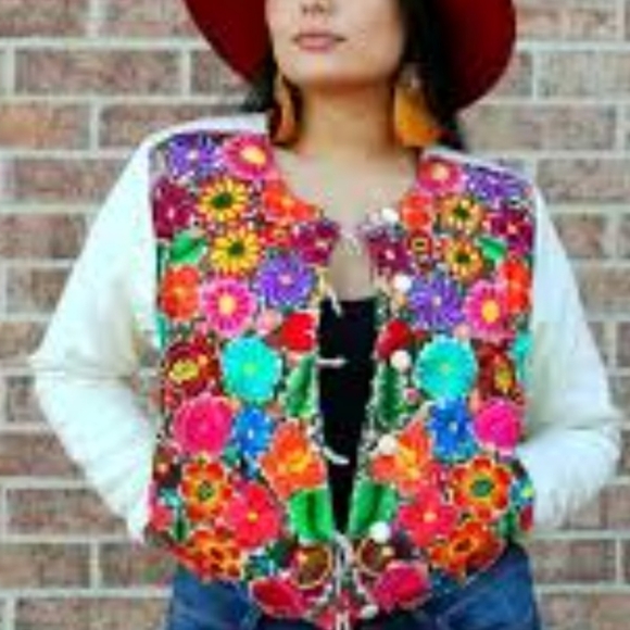 Jackets & Blazers - Floral Artisanal Colorful Handmade Embroidered Mayan Crop Jacket Size XL